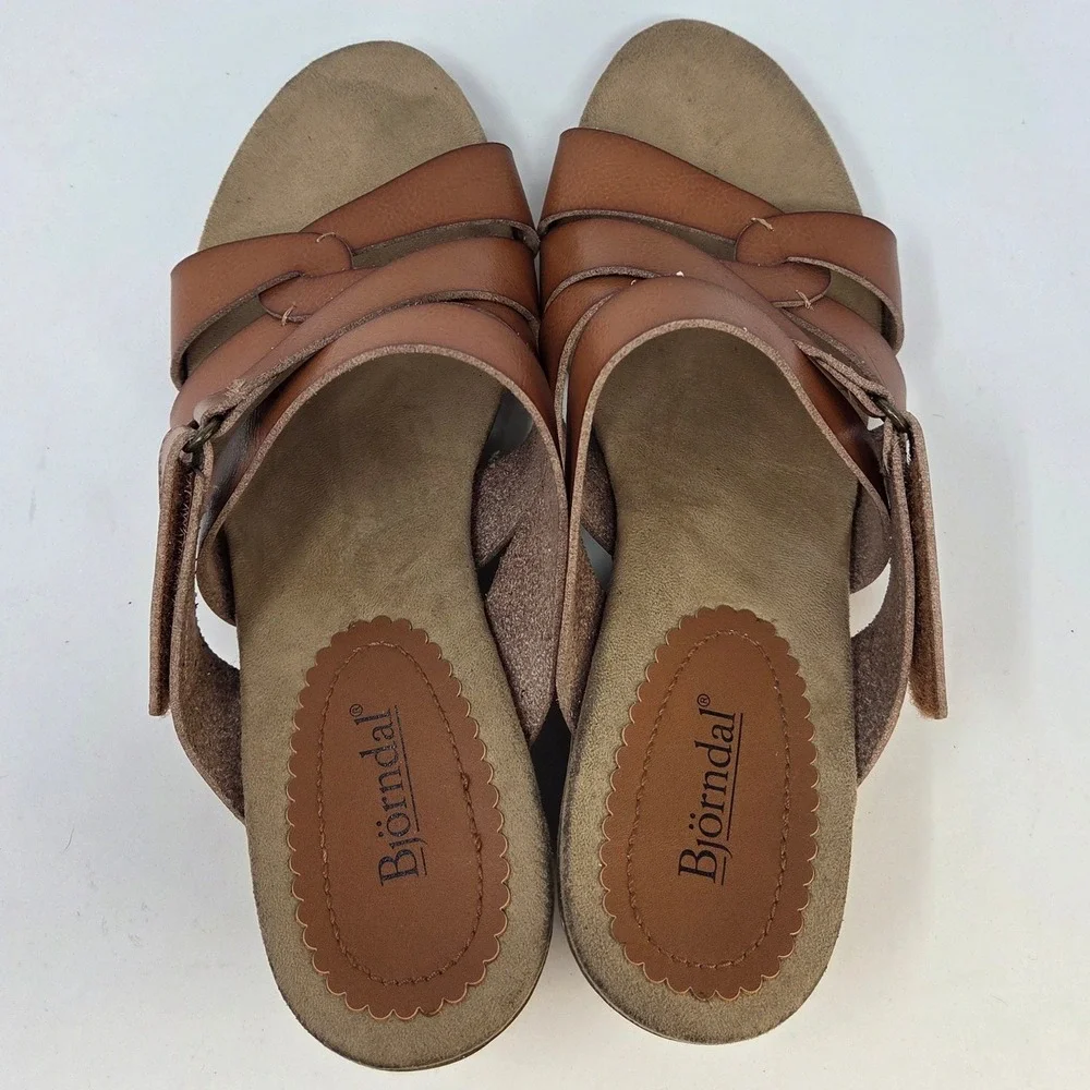 Bjorndal Womens Tan Cognac Strappy Cork Wedge Sandals Hook Loop Closure Size 10